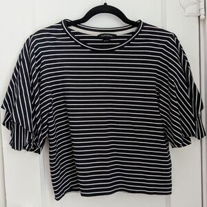 Club Monaco Navy Striped Ruffle Sleeve Tee - Size SP